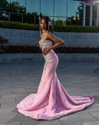 The Pink Princess - 2026 Crystal Beaded Mermaid Gown: Blush Pink with Silver Geometric Crystals & Dramatic Tulle Ruffle Overskirt