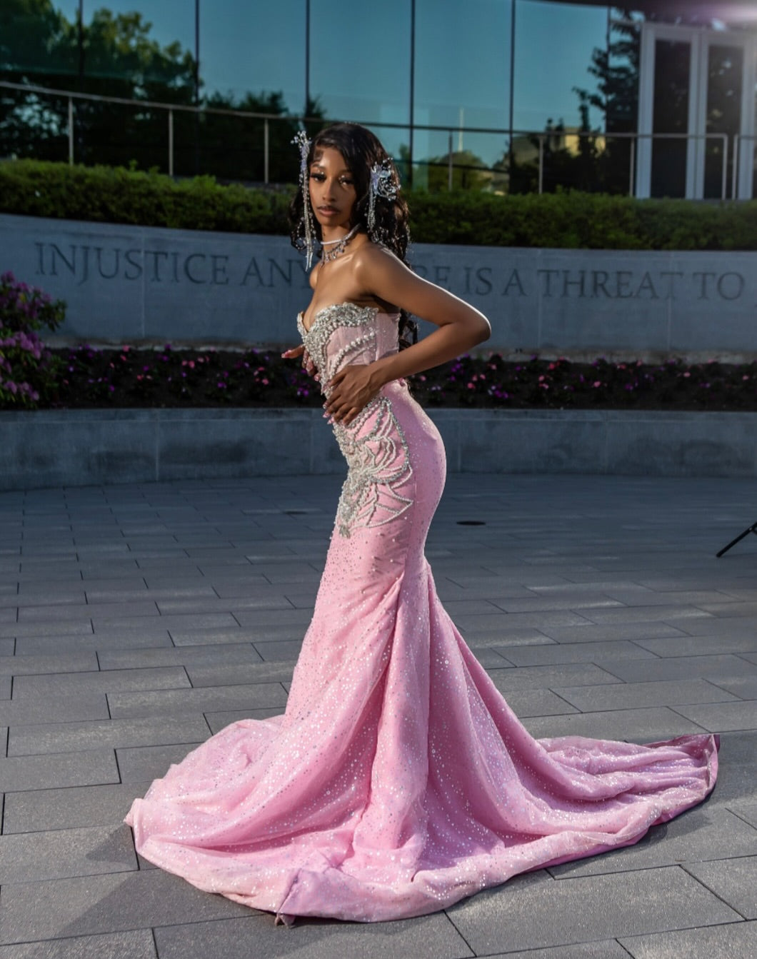 The Pink Princess - 2026 Crystal Beaded Mermaid Gown: Blush Pink with Silver Geometric Crystals & Dramatic Tulle Ruffle Overskirt