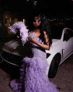 The Lavender Dream - 2026 Lavender Purple Crystal Feather Ruffle Mermaid Gown: Sweetheart Neckline with Feather Sleeves & Layered Tulle Cathedral Train