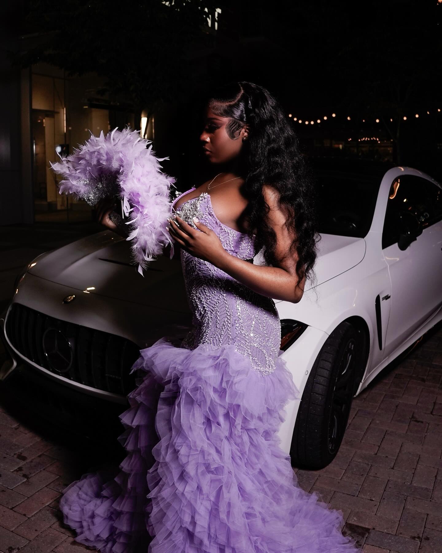The Lavender Dream - 2026 Lavender Purple Crystal Feather Ruffle Mermaid Gown: Sweetheart Neckline with Feather Sleeves & Layered Tulle Cathedral Train