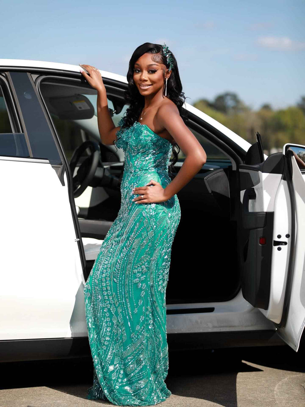 Emerald Dream - Off-Shoulder Sequin Beaded Mermaid Prom Dress with 3D Floral Details