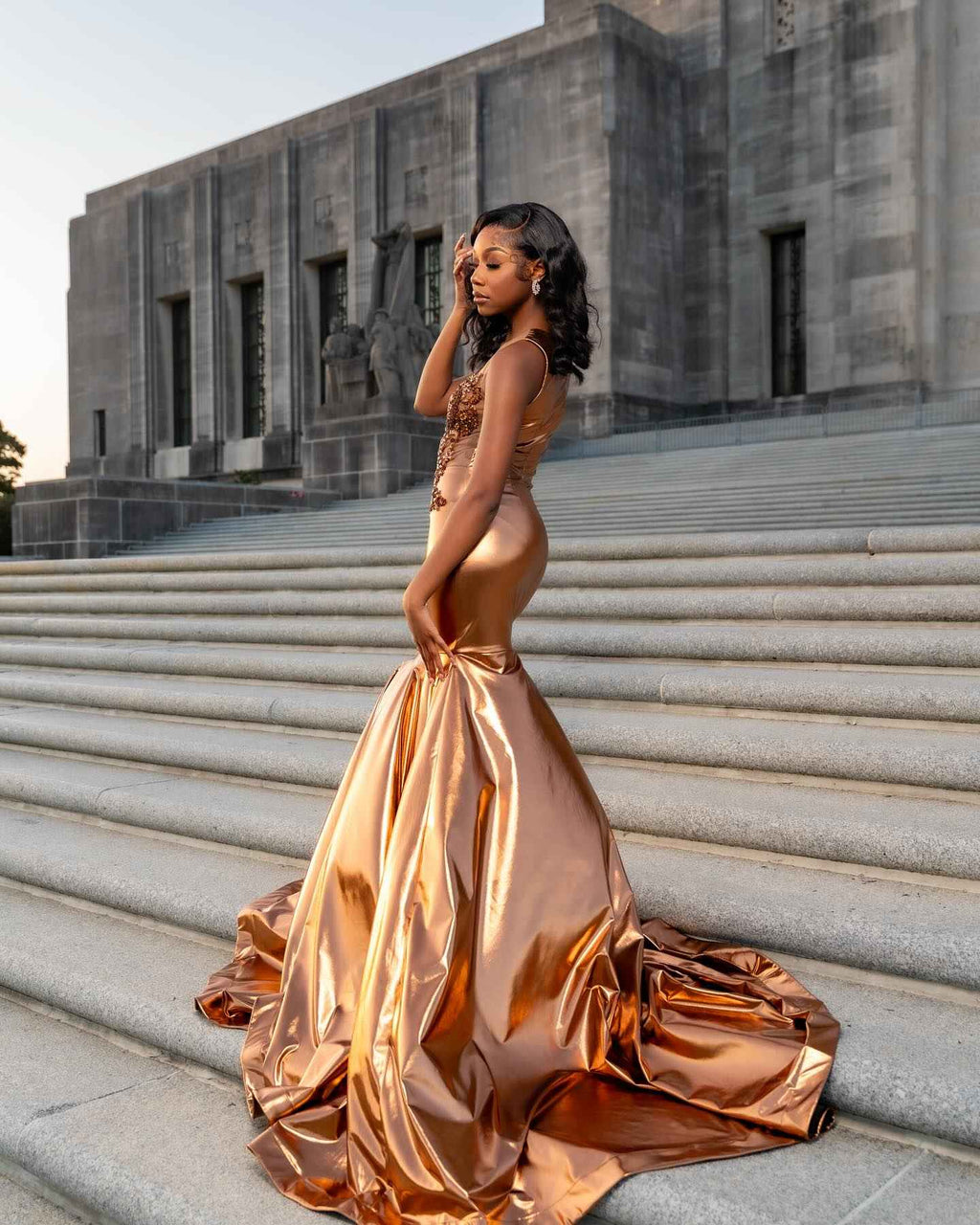 Copper Luxe - Metallic Satin Beaded Mermaid Prom Dress with Sheer Crystal Bodice