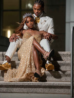 Golden Hour - Gold Sequin Strapless Corset Mermaid Prom Dress with Thigh Slit BMBRIDE