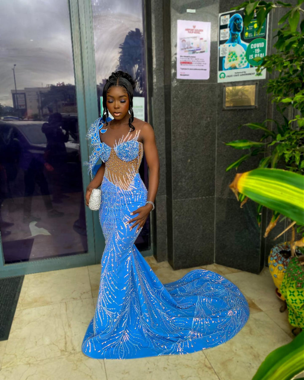 The Blue Butterfly - 2026 Beaded Mermaid Gown: One-Shoulder Blue Lace Appliqué with Sheer Crystal Corset & Geometric Beadwork