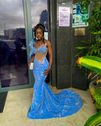 The Blue Butterfly - 2026 Beaded Mermaid Gown: One-Shoulder Blue Lace Appliqué with Sheer Crystal Corset & Geometric Beadwork