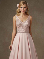 Pink A-line V-Neck Floor-Length Satin Lace Prom Dresses With Sequins