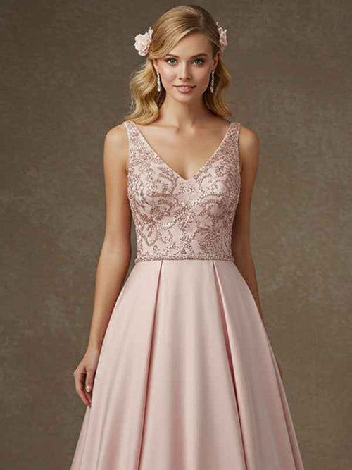 Pink A-line V-Neck Floor-Length Satin Lace Prom Dresses With Sequins BMBRIDE
