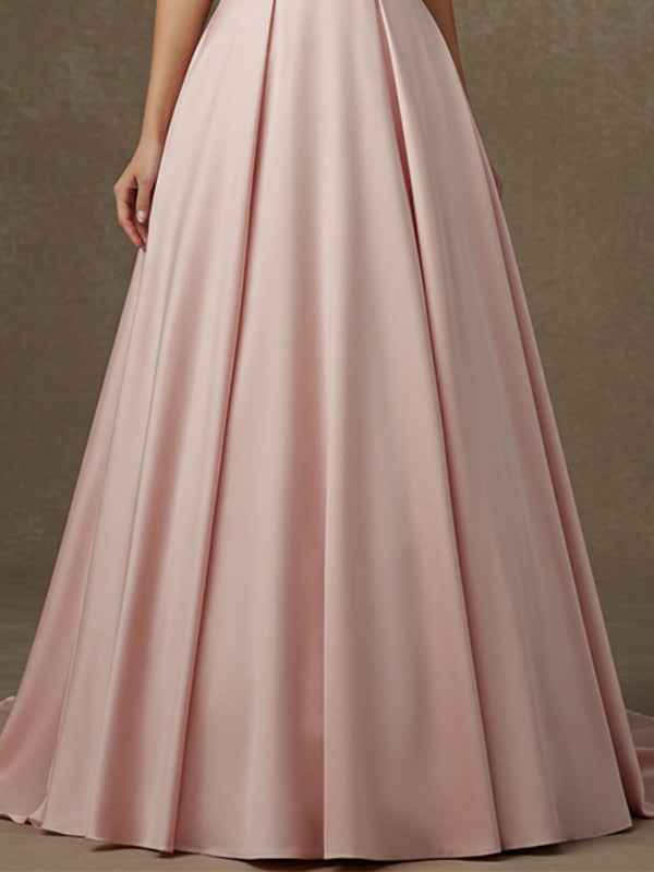 Pink A-line V-Neck Floor-Length Satin Lace Prom Dresses With Sequins