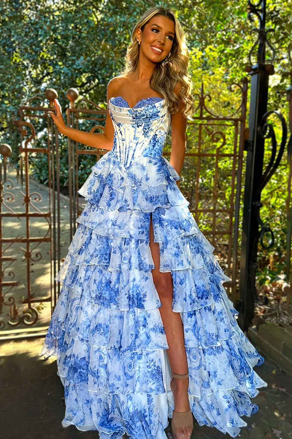 Blush Sweetheart A-Line Chiffon Floral Ruffled Long Corset Prom Dress with Slit
