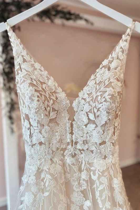 Spaghetti Strap V-Neck A-Line Backless Wedding Dress with Tulle Lace Appliques BM bride