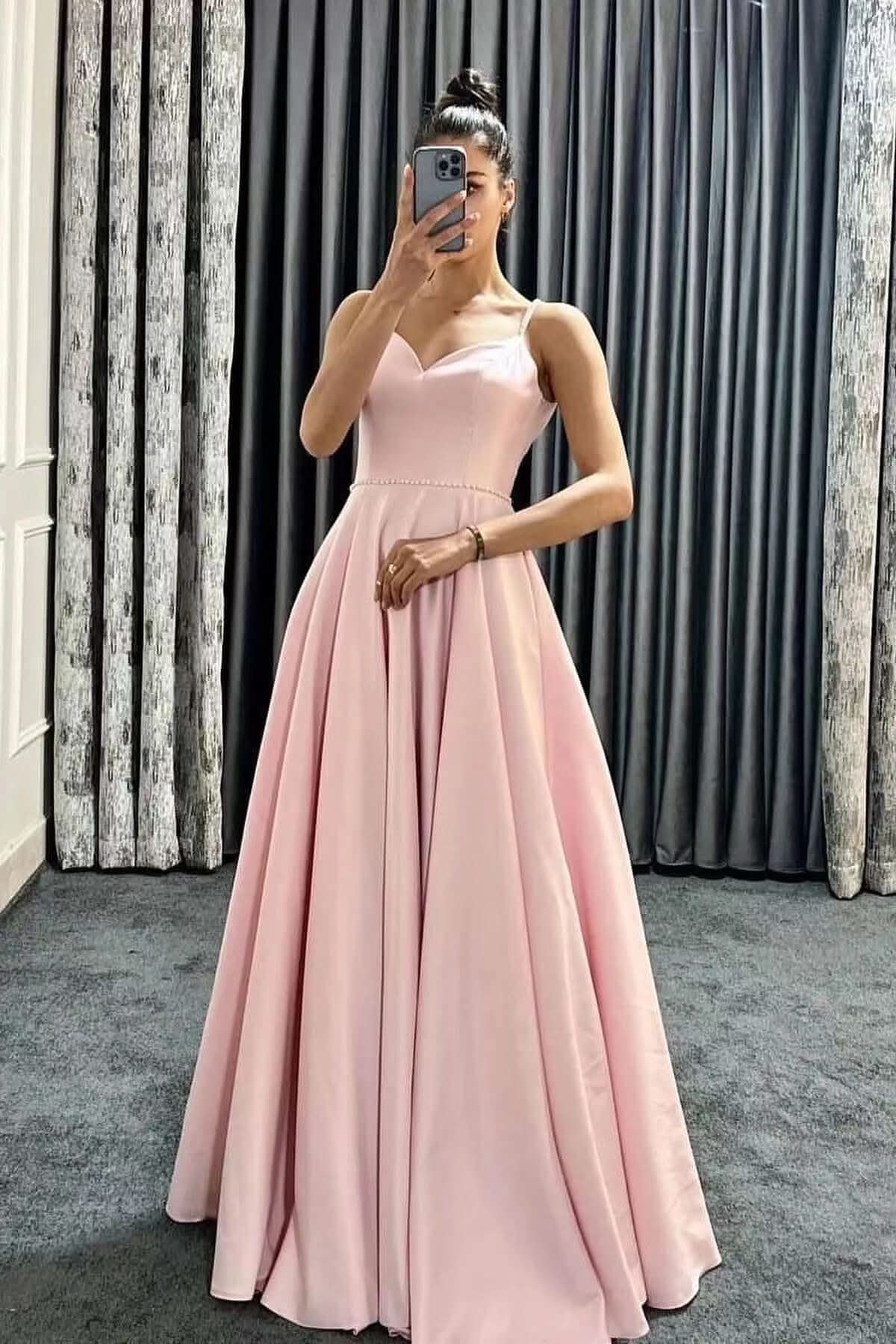 Spaghetti-Strap Sleeveless Long V-Neck Evening Dress with Beads BM bride
