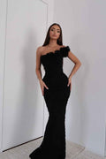Black One Shoulder Sleeveless Lace Appliques Mermaid Long Prom Dress