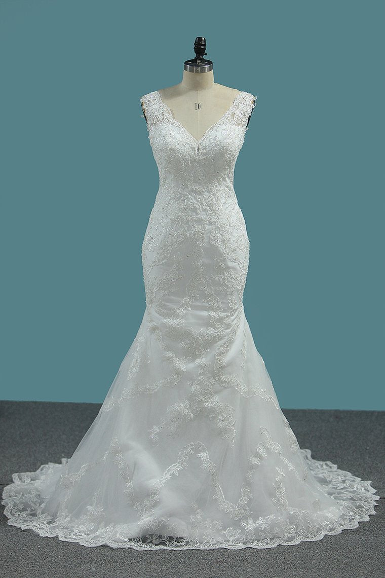 Wide Straps V-neck Mermaid Wedding Dress Floor-length With Appliques Lace BM bride