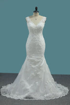 Wide Straps V-neck Mermaid Wedding Dress Floor-length With Appliques Lace BM bride