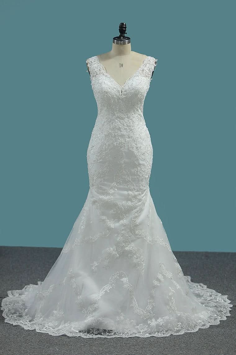 Wide Straps V-neck Mermaid Wedding Dress Floor-length With Appliques Lace BM bride