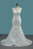 Wide Straps V-neck Mermaid Wedding Dress Floor-length With Appliques Lace BM bride