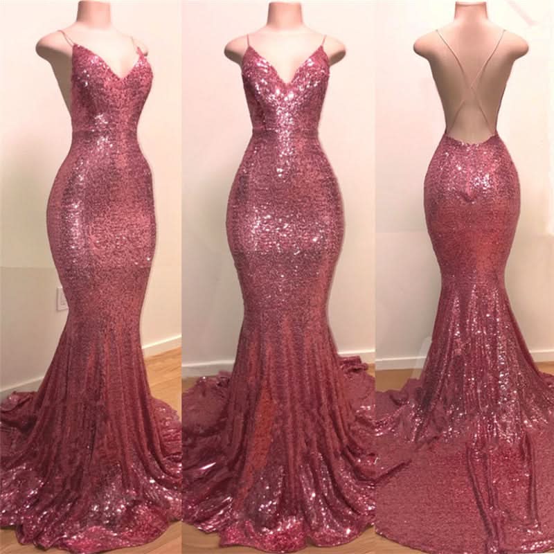 V-Neck Sequin Mermaid Evening Dress BM bride