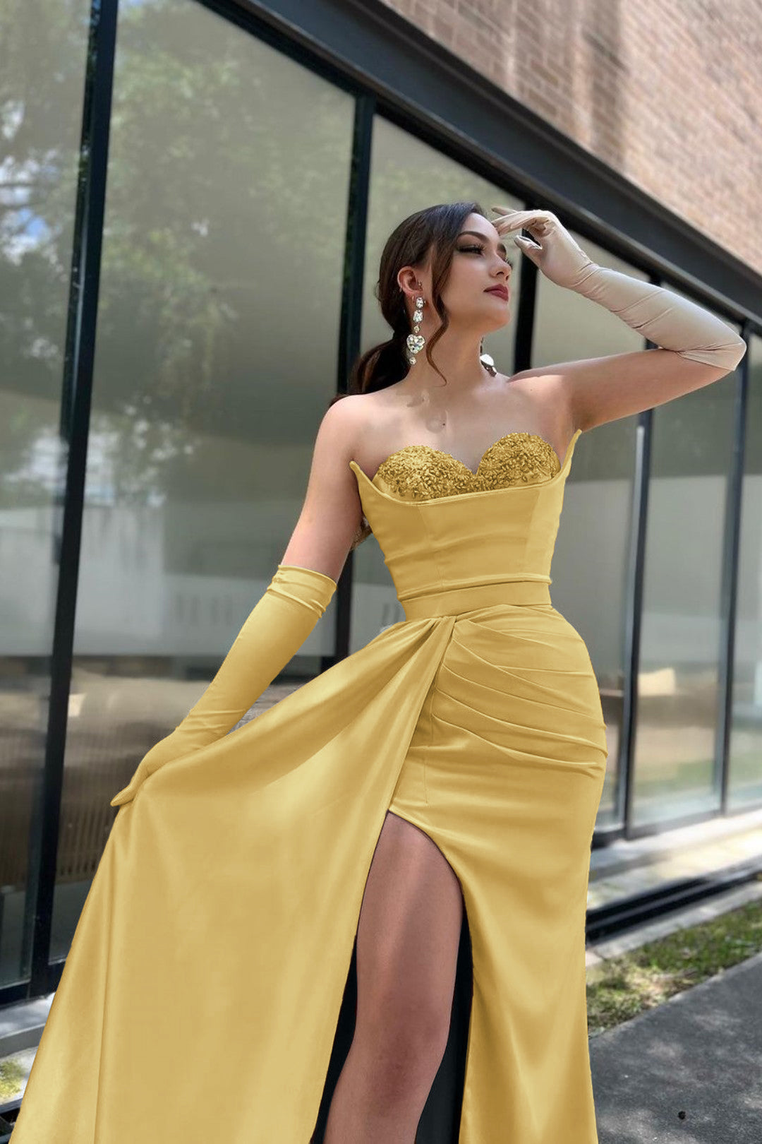 Prom Dress Sleeves Champagne Sweetheart High Slit With Gloves BMBRIDE