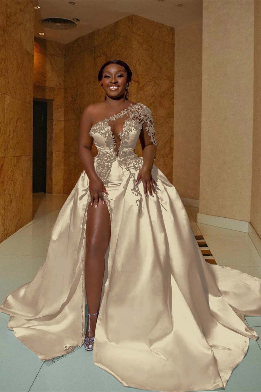 One Shoulder Sleeveless Long Split Prom Dress With Appliques BMBRIDE