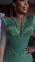 Shinning Applique Long Sleeves Green Mermaid Floor Length Prom Dress