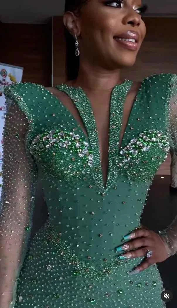 Shinning Applique Long Sleeves Green Mermaid Floor Length Prom Dress