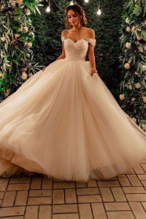 Tulle Off-the-Shoulder A-Line Long Wedding Dress with Chapel Train BM bride