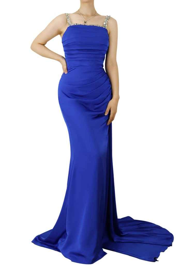 Prom Dress Royal Blue Sweetheart Long With Slit Sleeveless Pleated
