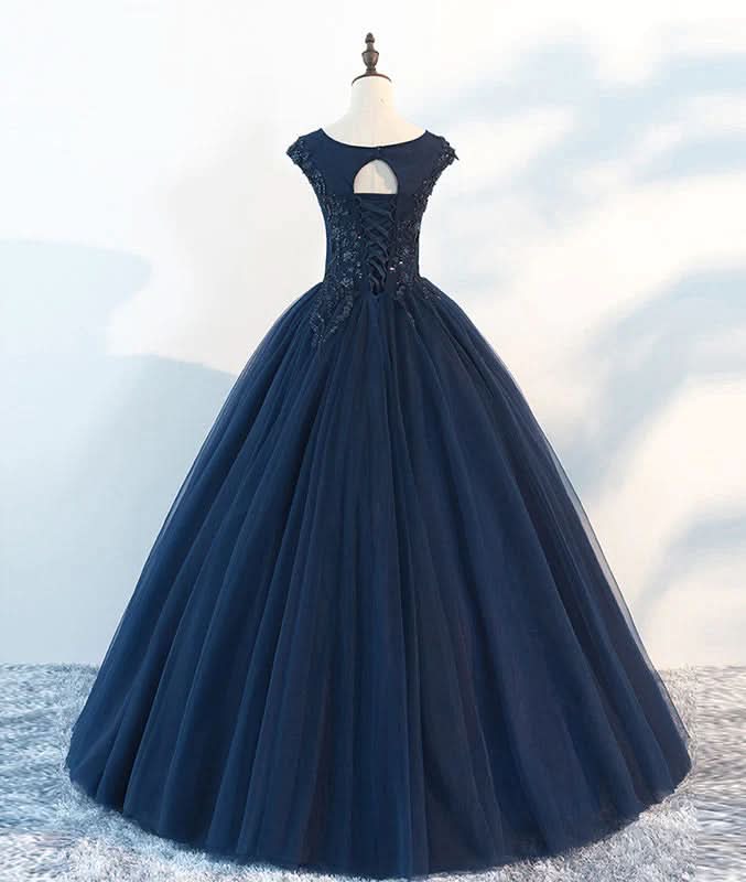 Navy Blue Sleeveless A-Line Lace Printed Prom Dress BM bride