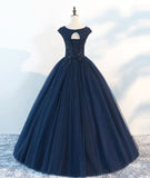 Navy Blue Sleeveless A-Line Lace Printed Prom Dress BM bride