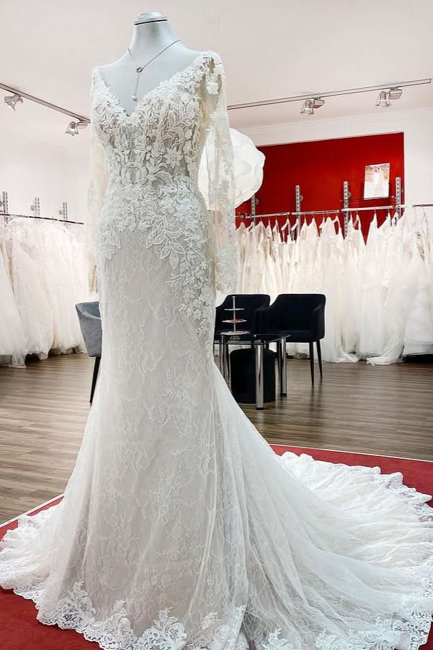 Sweetheart Princess Wedding Dress Long Sleeves With Appliques Lace BM bride