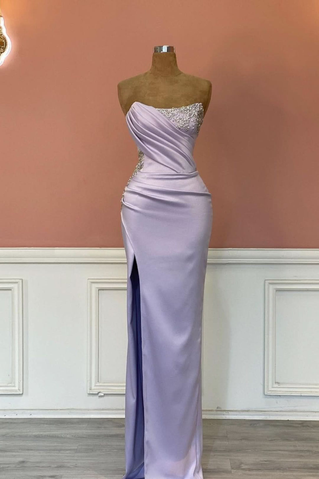 Light Purple Rhinestone Long Sleeveless Mermaid Prom Dress BM bride