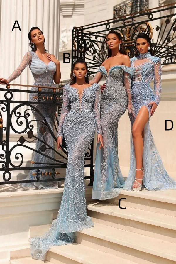 Beautiful New Collection Blue Off-the-Shoulder Prom Dress with Sequins, Split, and Beadings Applique BM bride