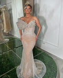 Luxurious Champagne Long Mermaid Evening Dress with Asymmetric Bead Embroidery BM bride