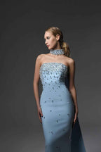 Sky Blue Halter Strapless Sleeveless Long Prom Dress With Beading