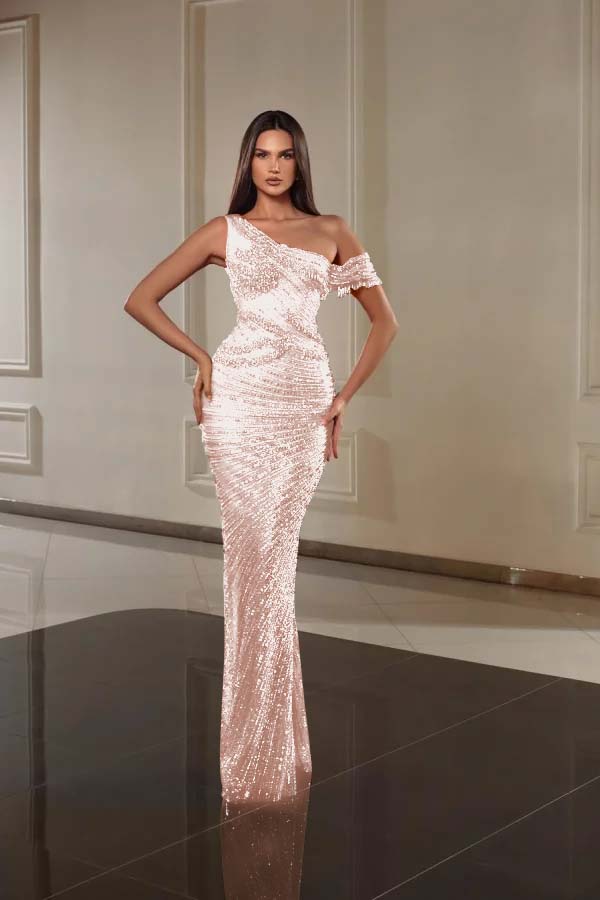 One Shoulder Sleeveless Long Mermaid Prom Dress With Beading
