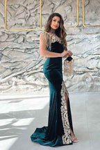 Sleeveless Applique Split Mermaid Prom Dress Dark Green With Detachable Skirt