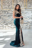 Dark Green Sleeveless V-Neck Applique Mermaid Evening Dress with Detachable Skirt BM bride
