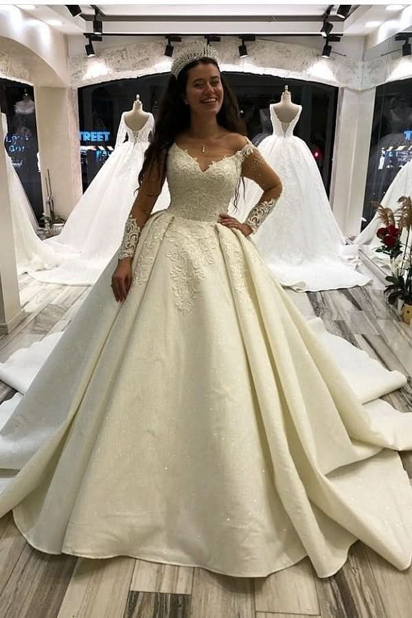 Elegant Long Sleeve Princess Sweetheart Satin Wedding Dress with Appliques BM bride