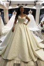 Elegant Long Sleeve Princess Sweetheart Satin Wedding Dress with Appliques BM bride