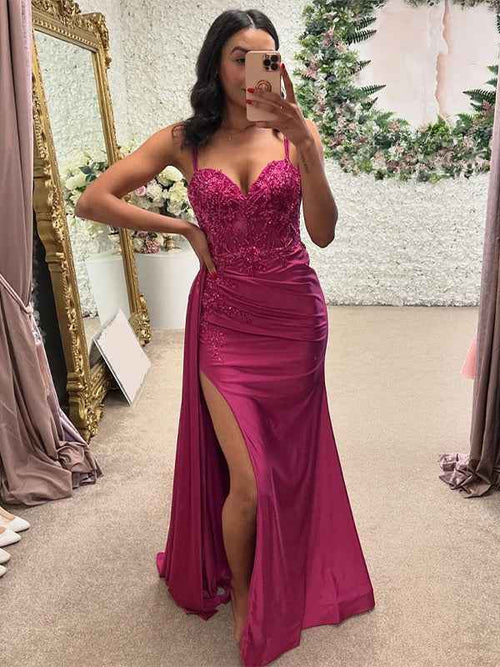 Fuchsia Mermaid Spaghetti Straps Long Prom Dress with Appliques BMBRIDE
