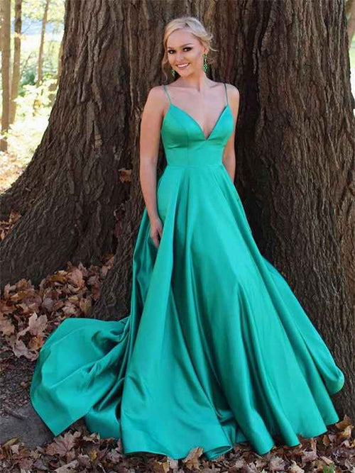 Green A Line V-Neck Spaghetti Straps Satin Long Prom Dress BMBRIDE