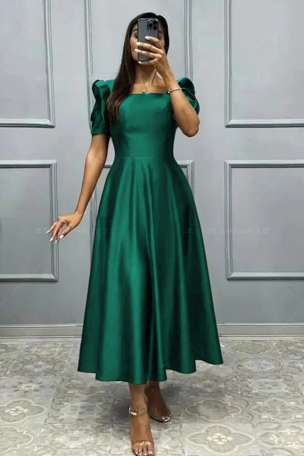 Elegant Square A Line High Waist Pleated Prom Dress With Short Sleeves BMBRIDE