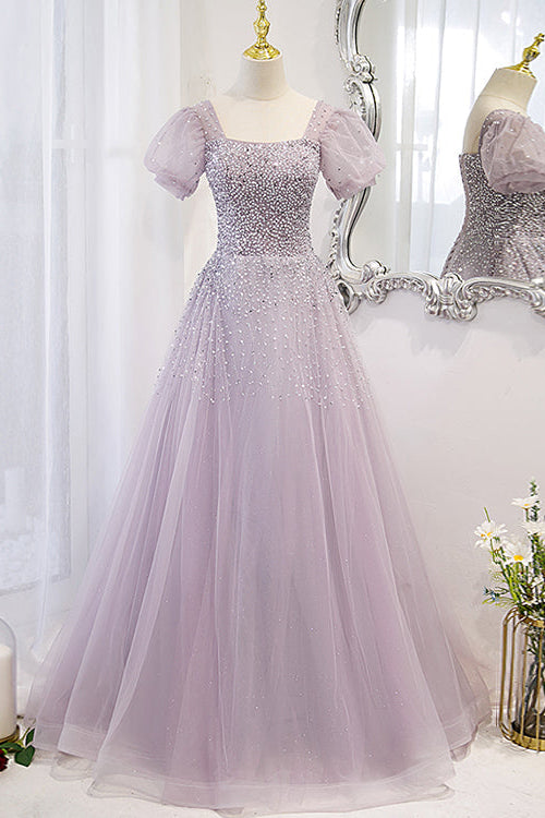 Chic Lace Up Prom Dress Beadings A Line Short Sleeves With Square Online BMBRIDE