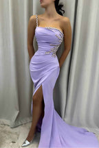 One Shoulder Sleeveless Long Mermaid Split Prom Dress With Beading