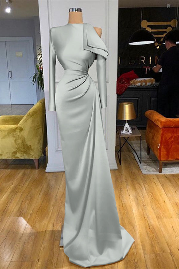 Charming High Neck Champagne Prom Dress Mermaid Long Sleeves With Pleated BMBRIDE