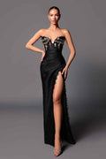 Chic Black Strapless Sleeveless Mermaid Beadings Long Prom Dress With Split