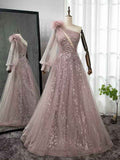 Shinning Blushing Pink One Shoulder Appliques Embroidery Prom Dress