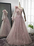 Shinning Blushing Pink One Shoulder Appliques Embroidery Prom Dress