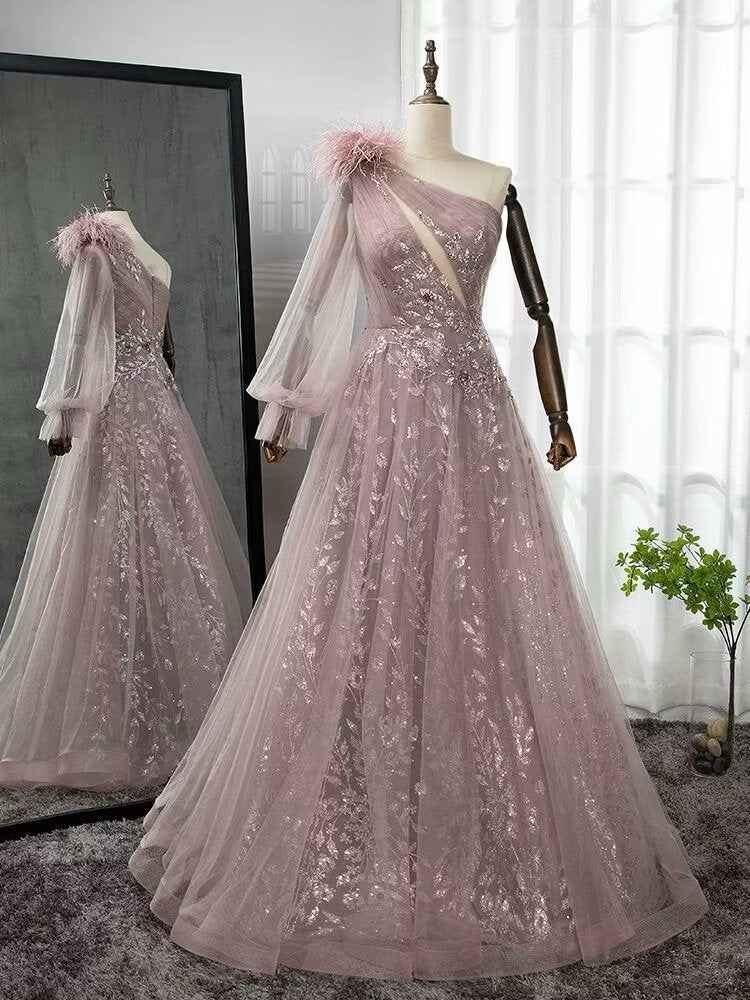 Shinning Blushing Pink One Shoulder Appliques Embroidery Prom Dress