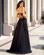 Spaghetti-Straps V-Neck Long Prom Dress with Slit and Appliques BM bride